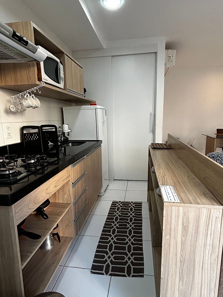 Flat em Rio2, cozinha equipada, piscina, internet de 500 Mb